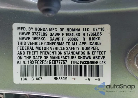 2016 Honda Civic Lx z USA, uszkodzony, nr VIN 19XFC2F51GE077767